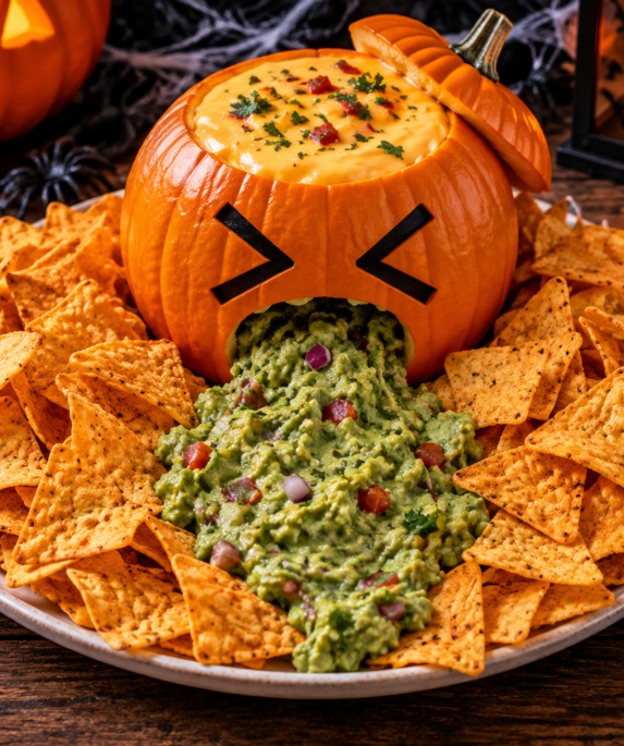 Guacamole Halloween présenté en citrouille vomissante avec nachos
