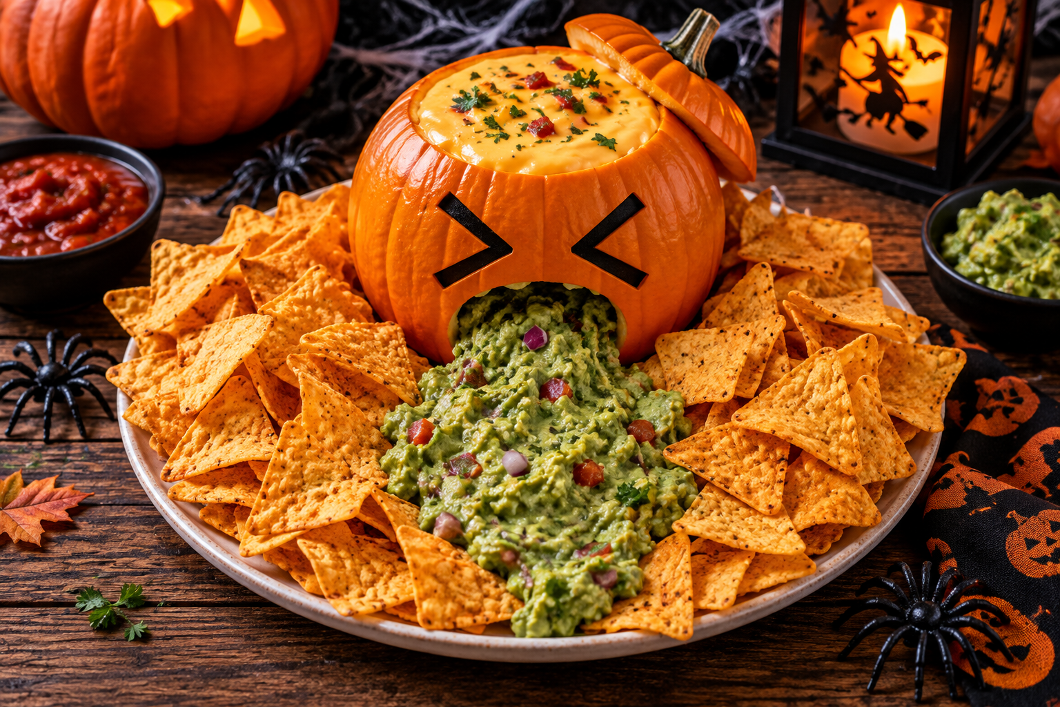 Guacamole Halloween présenté en citrouille vomissante avec nachos