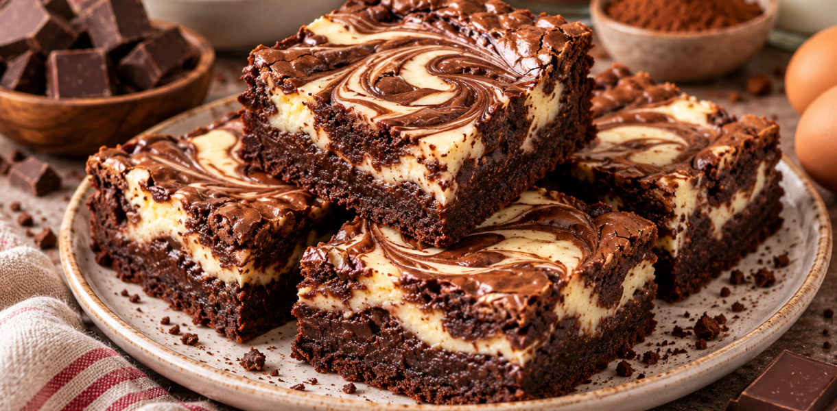 Cheesecake brownies fondants au chocolat avec couche crémeuse au fromage frais et marbrures