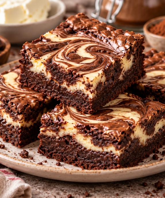 Cheesecake brownies fondants au chocolat avec couche crémeuse au fromage frais et marbrures