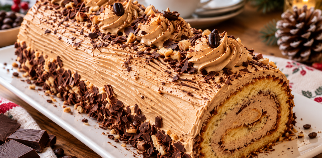 Bûche de Noël tiramisu au café avec crème mascarpone et copeaux de chocolat