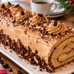 Bûche de Noël tiramisu au café avec crème mascarpone et copeaux de chocolat