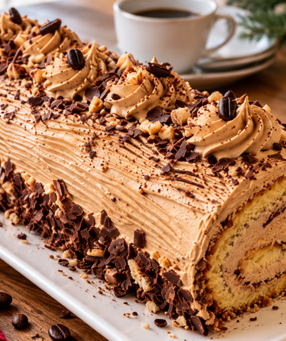 Bûche de Noël tiramisu au café avec crème mascarpone et copeaux de chocolat
