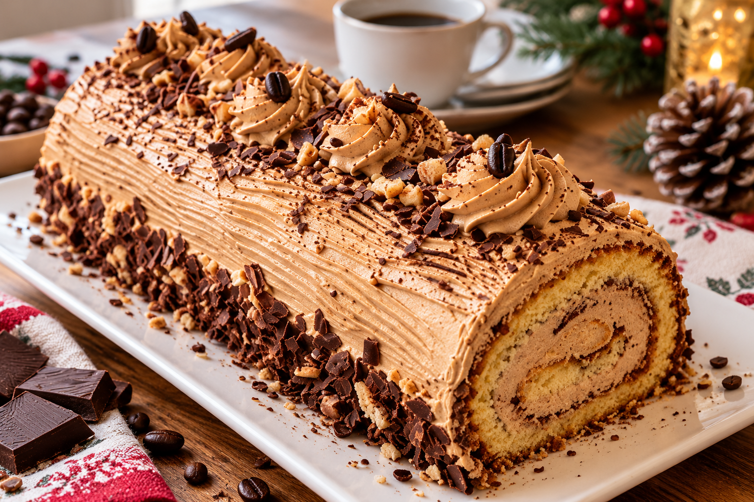 Bûche de Noël tiramisu au café avec crème mascarpone et copeaux de chocolat