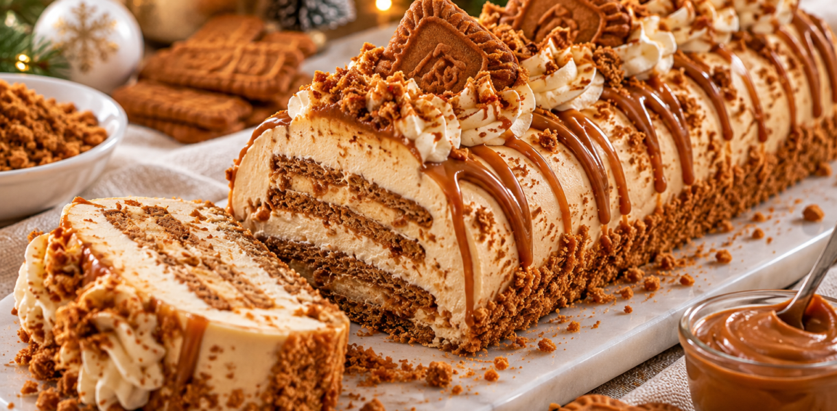 Bûche de Noël au spéculoos nappée de crème striée, parsemée de miettes de biscuits et de sucre glace, avec une tranche coupée montrant les couches