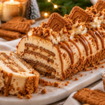 Bûche de Noël au spéculoos nappée de crème striée, parsemée de miettes de biscuits et de sucre glace, avec une tranche coupée montrant les couches