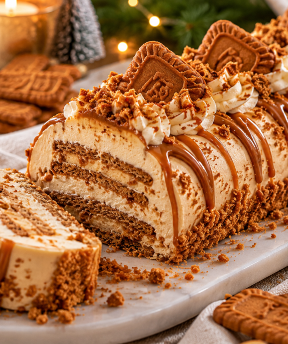 Bûche de Noël au spéculoos nappée de crème striée, parsemée de miettes de biscuits et de sucre glace, avec une tranche coupée montrant les couches