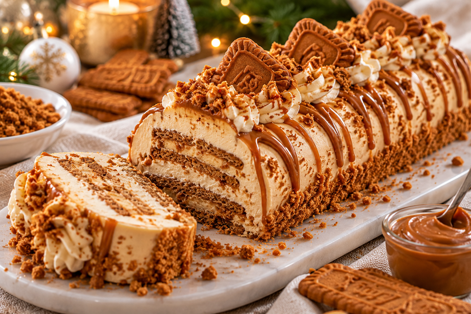 Bûche de Noël au spéculoos nappée de crème striée, parsemée de miettes de biscuits et de sucre glace, avec une tranche coupée montrant les couches