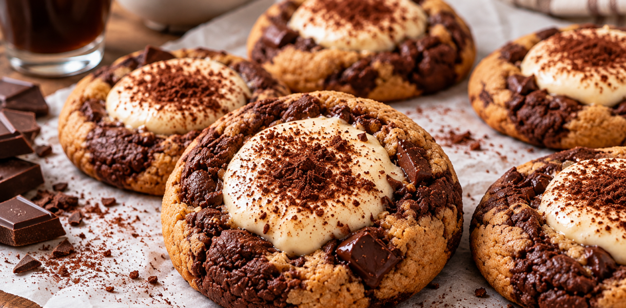 Cookies tiramisu marbrés au chocolat garnis de crème mascarpone au café et saupoudrés de cacao.