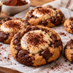 Cookies tiramisu marbrés au chocolat garnis de crème mascarpone au café et saupoudrés de cacao.