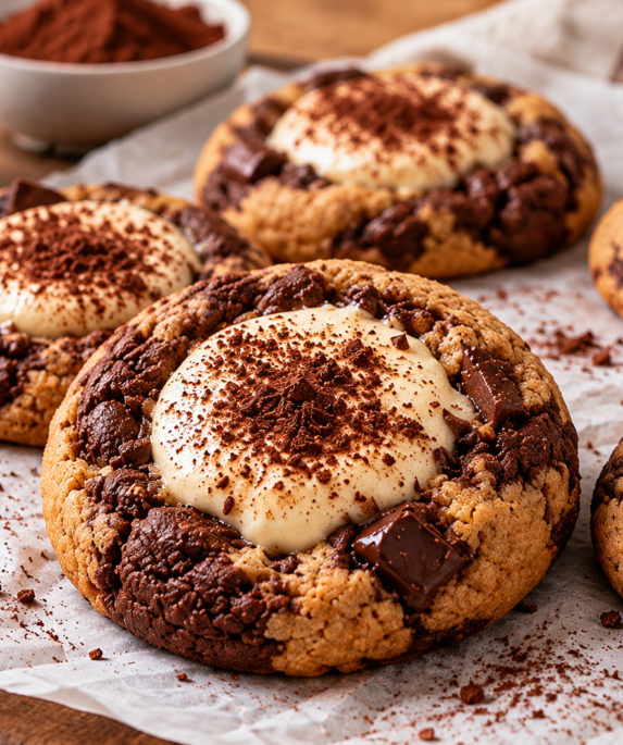 Cookies tiramisu marbrés au chocolat garnis de crème mascarpone au café et saupoudrés de cacao.