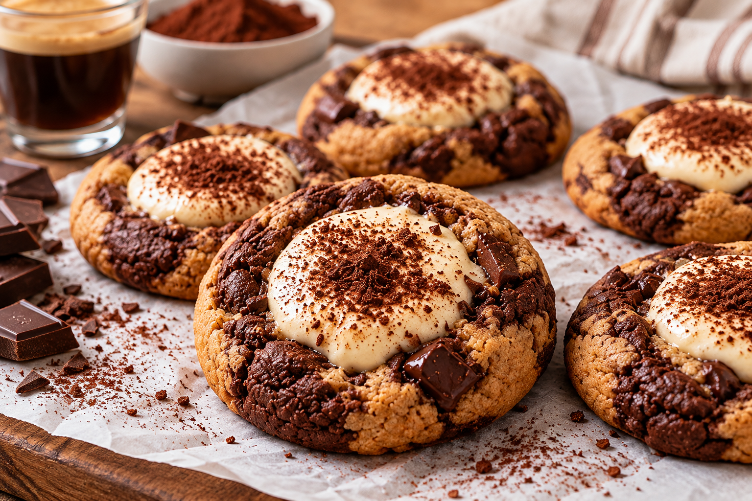 Cookies tiramisu marbrés au chocolat garnis de crème mascarpone au café et saupoudrés de cacao.