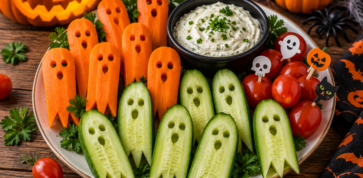 Plateau apéritif Halloween avec légumes fantômes en carotte et concombre, tomates cerises et sauce crémeuse
