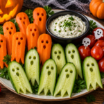 Plateau apéritif Halloween avec légumes fantômes en carotte et concombre, tomates cerises et sauce crémeuse