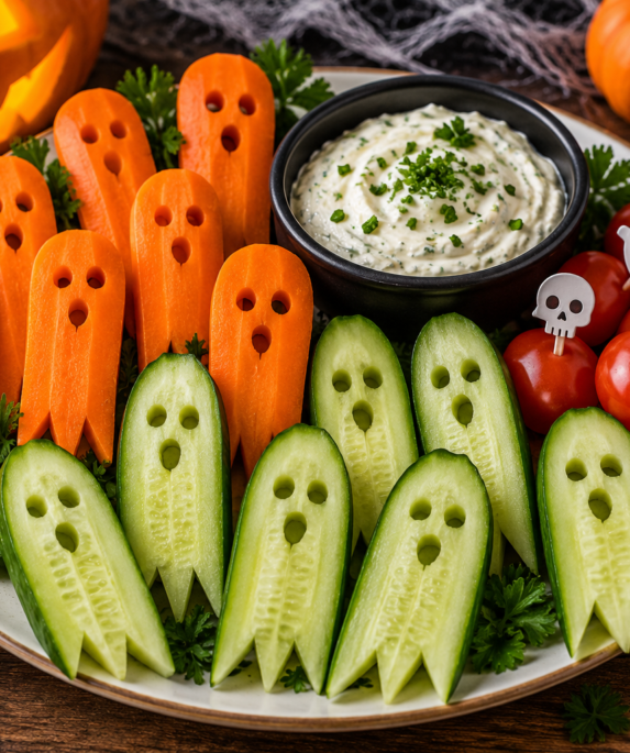 Plateau apéritif Halloween avec légumes fantômes en carotte et concombre, tomates cerises et sauce crémeuse