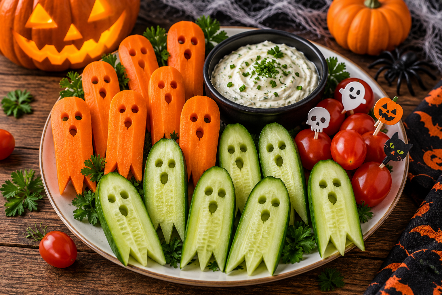 Plateau apéritif Halloween avec légumes fantômes en carotte et concombre, tomates cerises et sauce crémeuse
