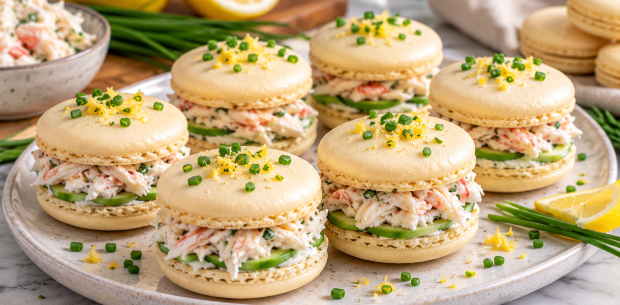 Macarons salés au crabe et citron garnis de fromage frais, chair de crabe et ciboulette, présentés dans une assiette blanche