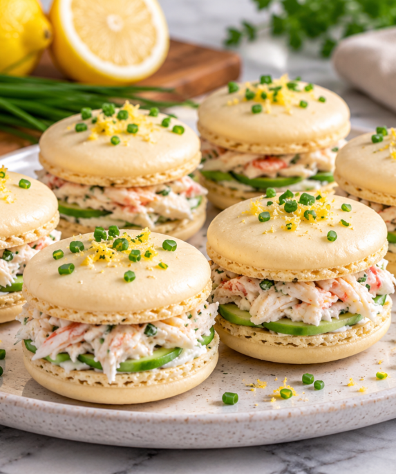 Macarons salés au crabe et citron garnis de fromage frais, chair de crabe et ciboulette, présentés dans une assiette blanche