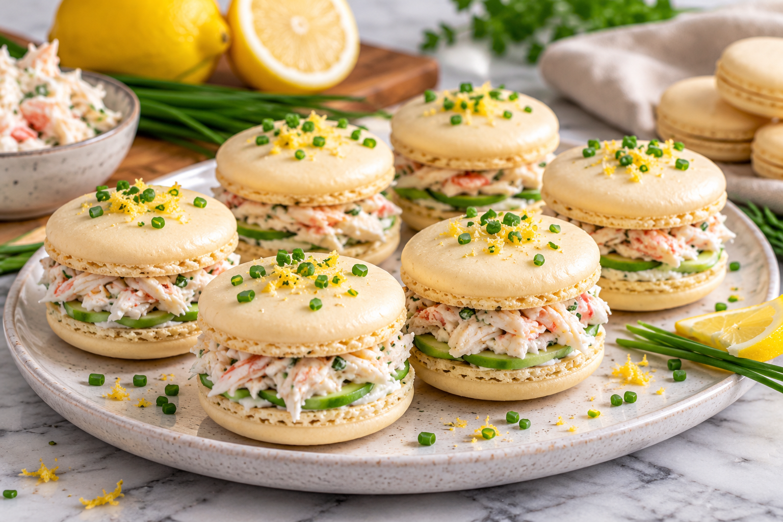 Macarons salés au crabe et citron garnis de fromage frais, chair de crabe et ciboulette, présentés dans une assiette blanche