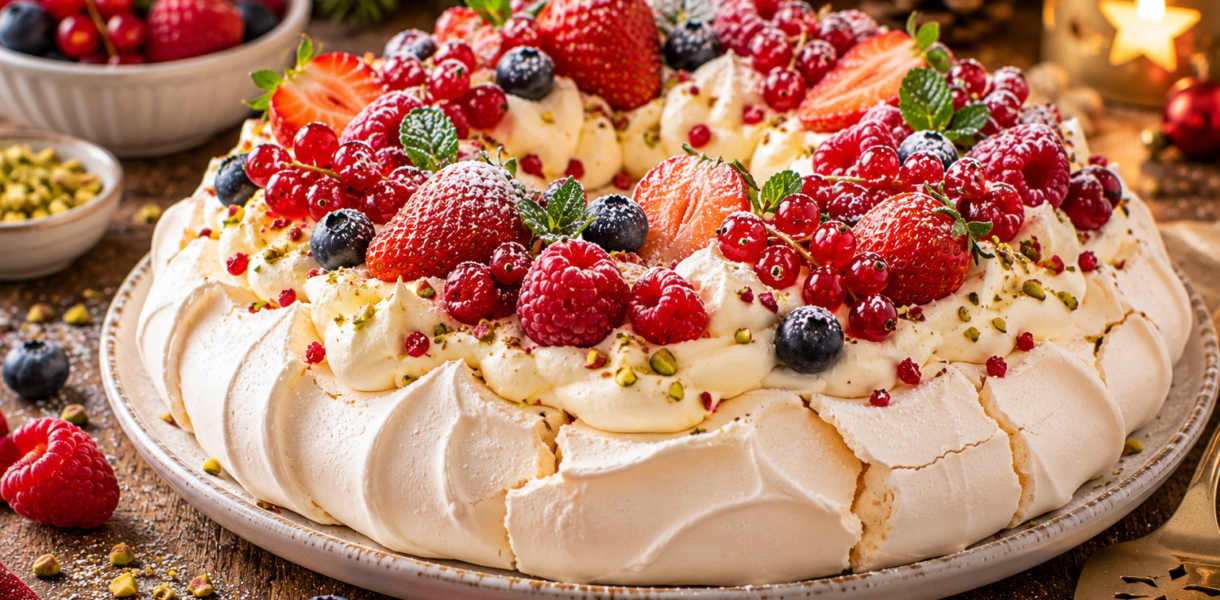 Pavlova festive aux fruits rouges et crème nuageuse
