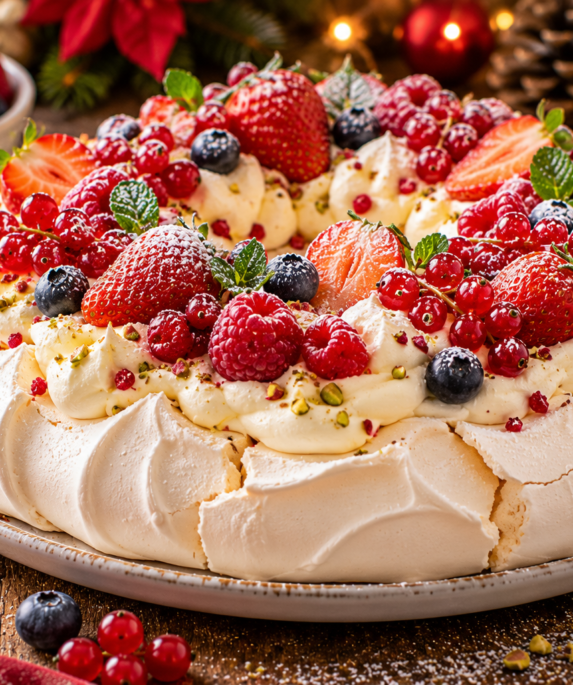 Pavlova festive aux fruits rouges et crème nuageuse