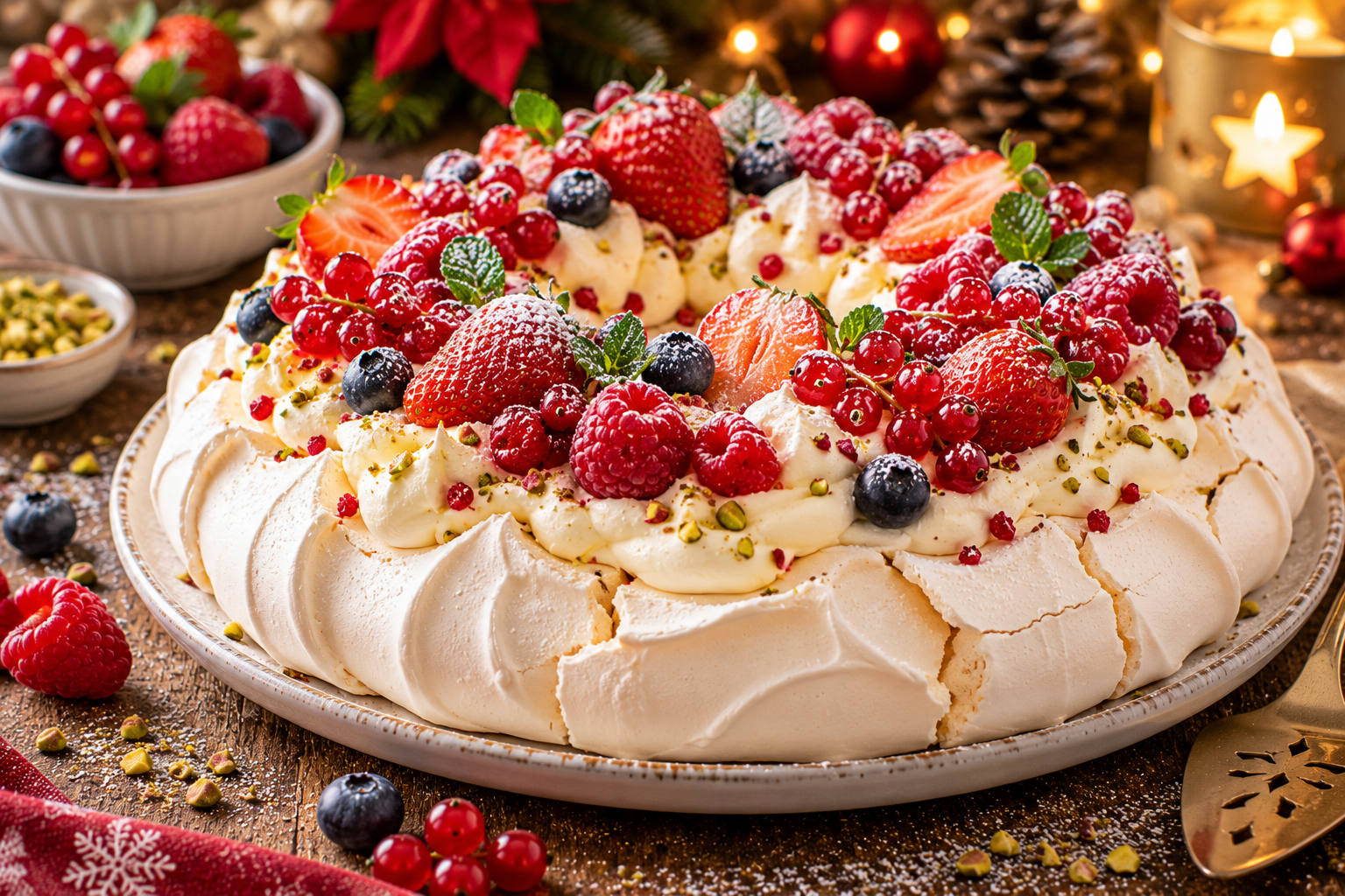 Pavlova festive aux fruits rouges et crème nuageuse