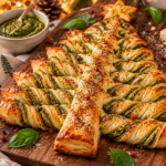 Sapin feuilleté au pesto festif sur un plateau en bois