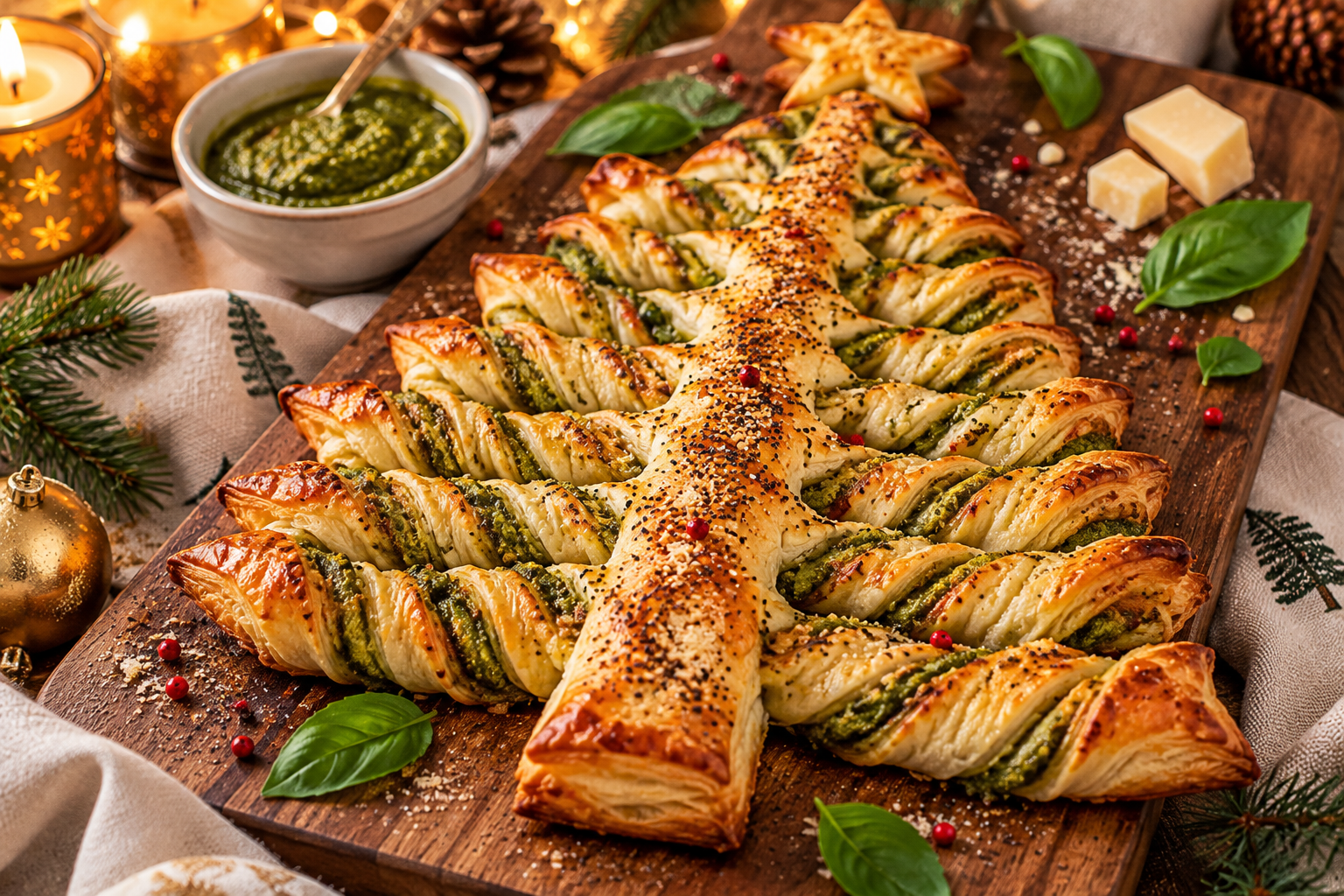 Sapin feuilleté au pesto festif sur un plateau en bois