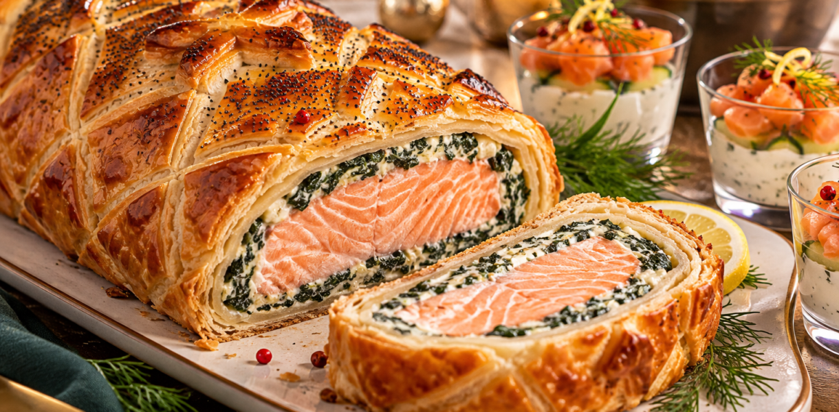 Saumon en croûte doré, décoré d'étoiles de pâte, avec une tranche coupée montrant le saumon et la farce aux épinards