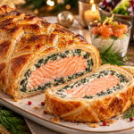 Saumon en croûte doré, décoré d'étoiles de pâte, avec une tranche coupée montrant le saumon et la farce aux épinards