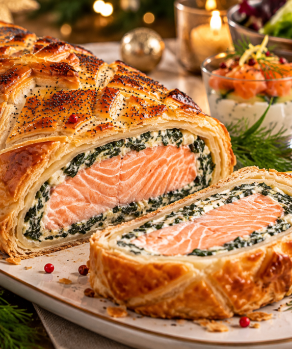 Saumon en croûte doré, décoré d'étoiles de pâte, avec une tranche coupée montrant le saumon et la farce aux épinards