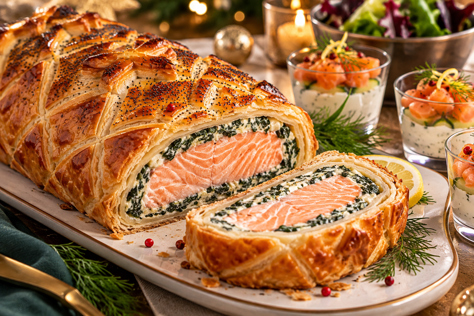 Saumon en croûte doré, décoré d'étoiles de pâte, avec une tranche coupée montrant le saumon et la farce aux épinards