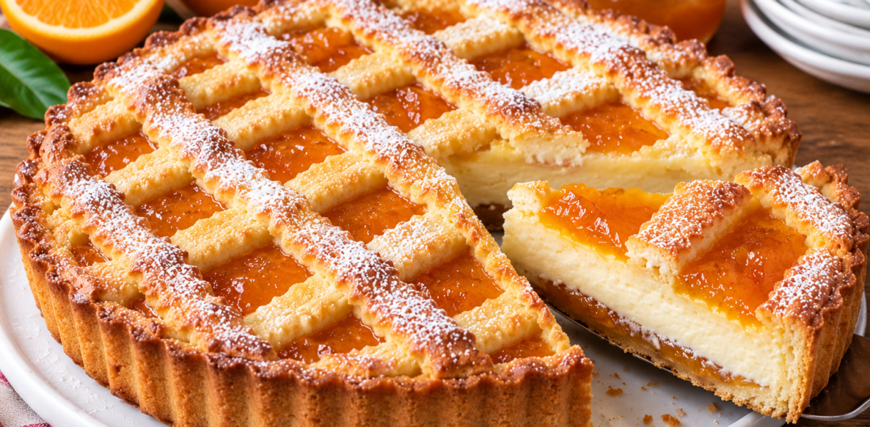 Tarte à la ricotta et à la marmelade d'orange avec quadrillage de pâte sablée dorée et part découpée montrant la garniture crémeuse