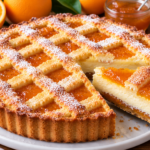 Tarte à la ricotta et à la marmelade d'orange avec quadrillage de pâte sablée dorée et part découpée montrant la garniture crémeuse
