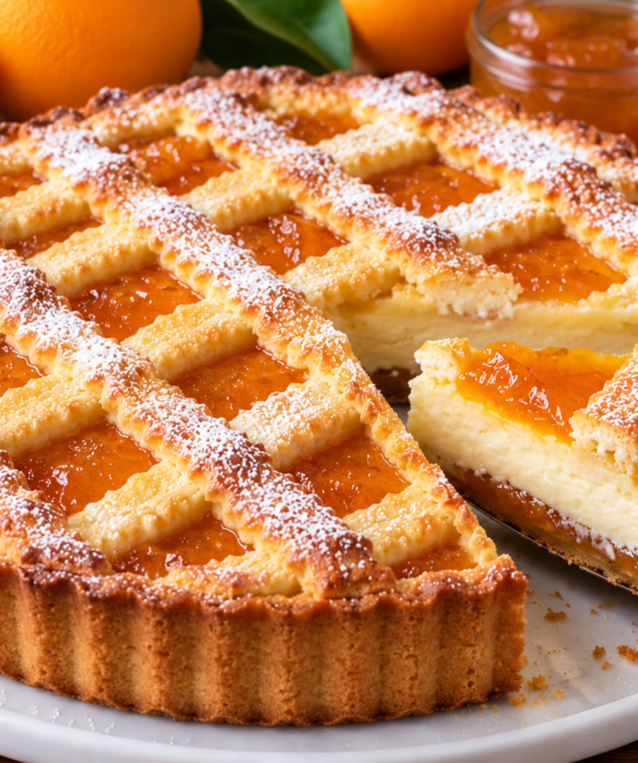 Tarte à la ricotta et à la marmelade d'orange avec quadrillage de pâte sablée dorée et part découpée montrant la garniture crémeuse