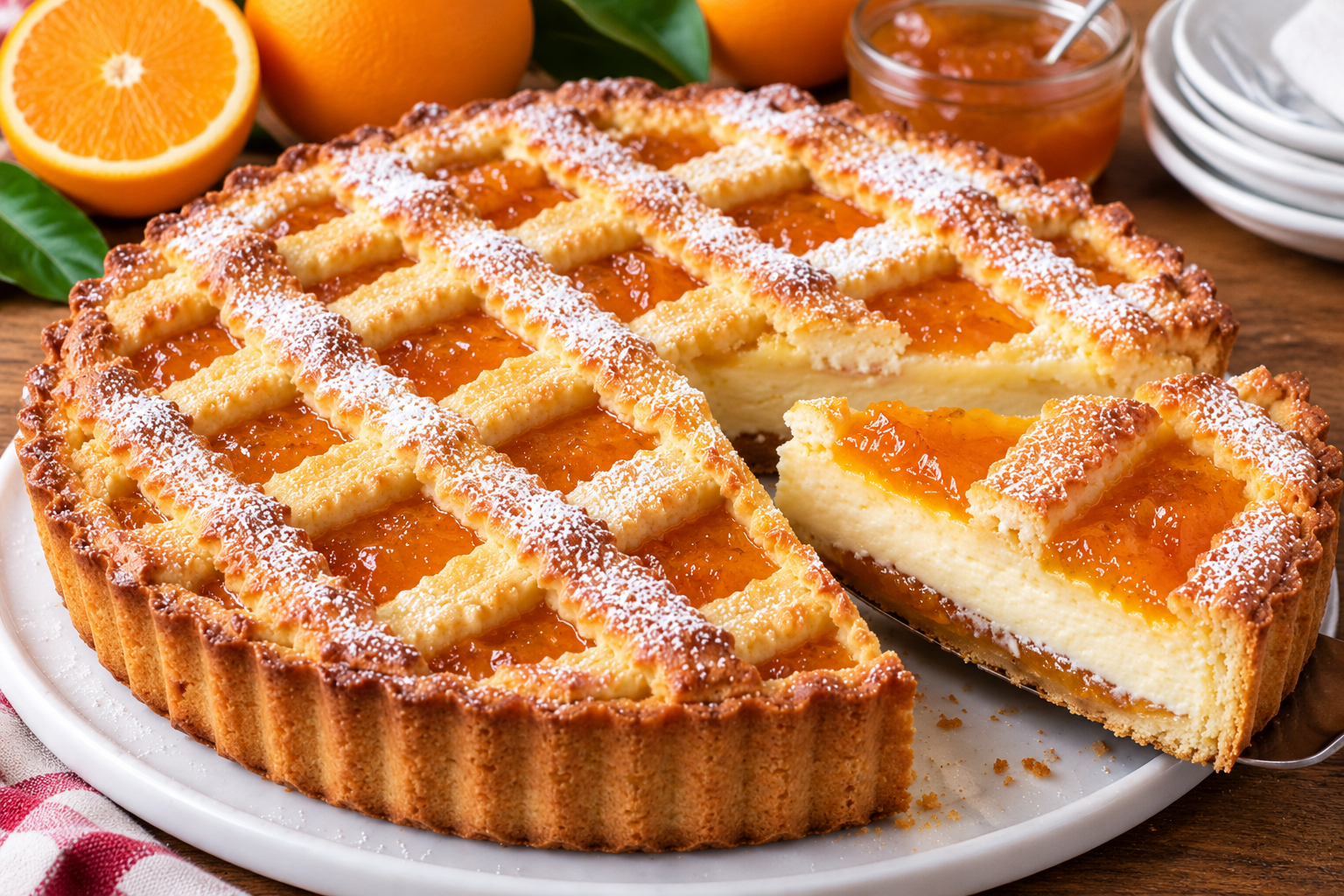 Tarte à la ricotta et à la marmelade d'orange avec quadrillage de pâte sablée dorée et part découpée montrant la garniture crémeuse