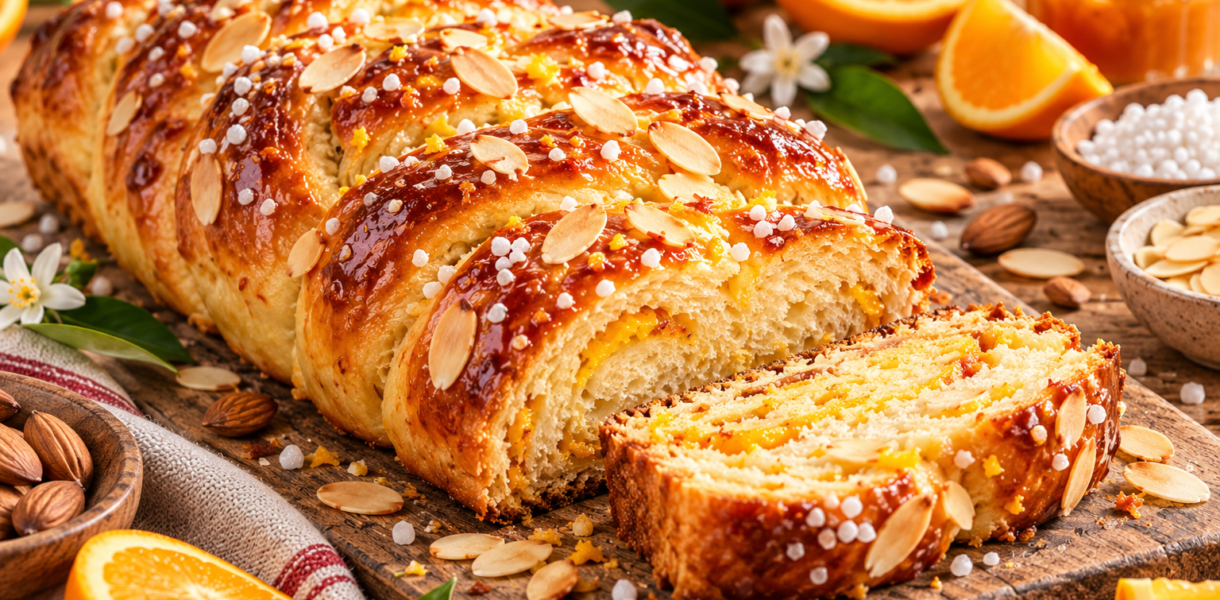 Brioche torsadée à l’orange et aux amandes, dorée et décorée d’amandes effilées et de sucre perlé Nom du fichier i