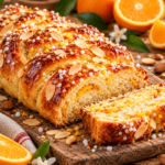Brioche torsadée à l’orange et aux amandes, dorée et décorée d’amandes effilées et de sucre perlé Nom du fichier i
