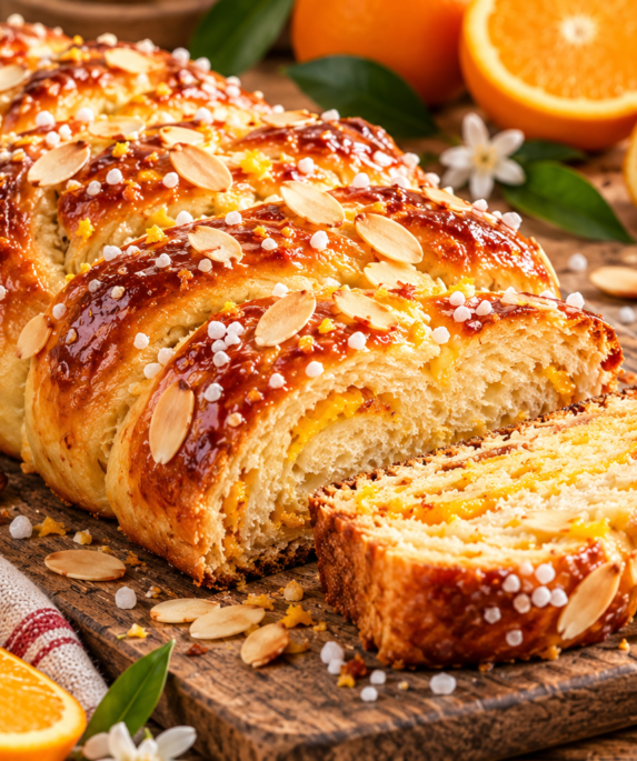 Brioche torsadée à l’orange et aux amandes, dorée et décorée d’amandes effilées et de sucre perlé Nom du fichier i