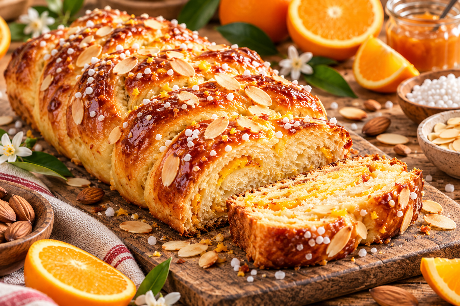 Brioche torsadée à l’orange et aux amandes, dorée et décorée d’amandes effilées et de sucre perlé Nom du fichier i